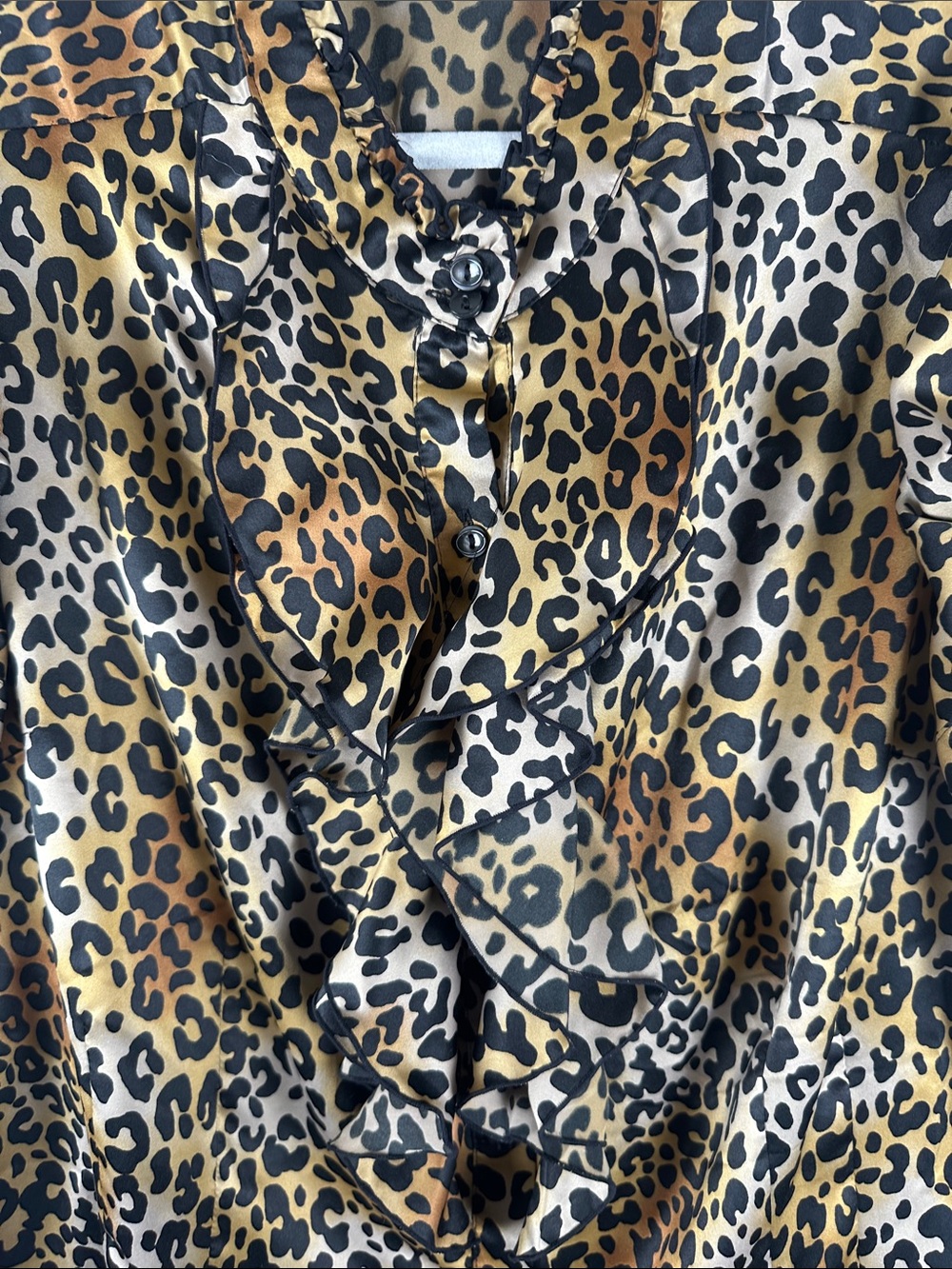 Worthington Leopard Print Ruffled Satin Blouse - Gold, Black, Brown Plus Size 2X - Picture 6 of 8